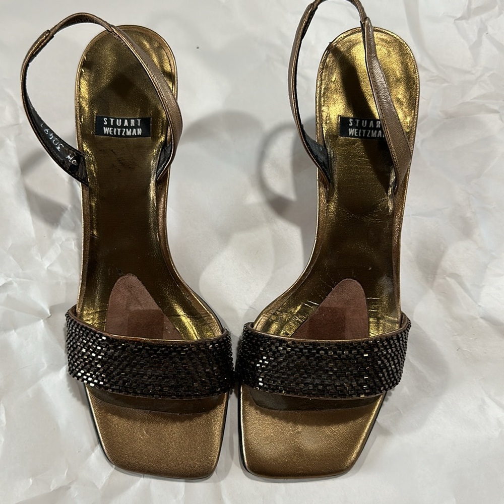 Beautiful Stewart Weitzman Bronze copper beaded metallic leather kitten heels - Picture 3 of 7